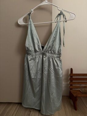 Fashion Nova Sage Green Satin V-Neck Mini Dress